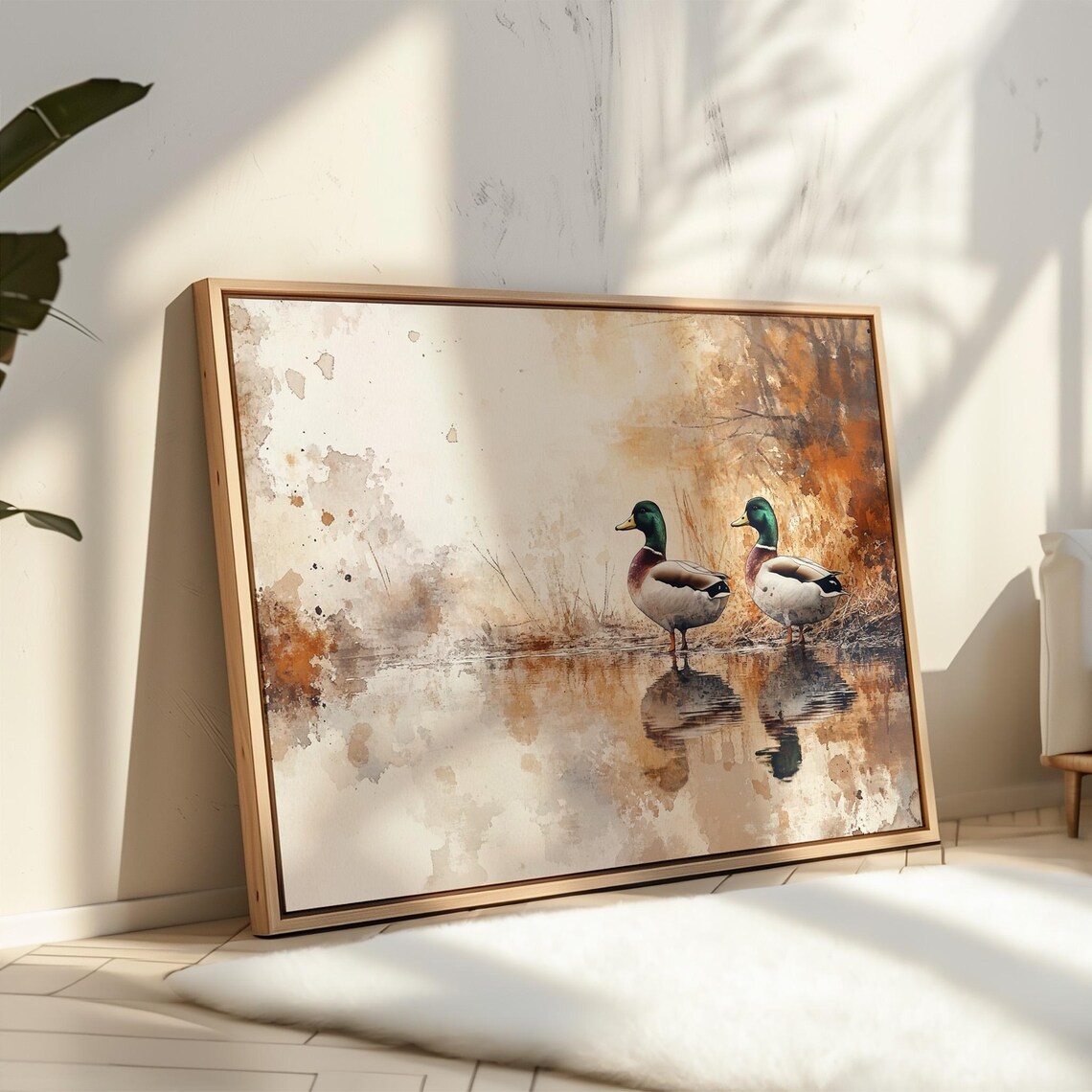 Pair Of Mallards In Misty Autumn Pond Soft Watercolor Bird Poster