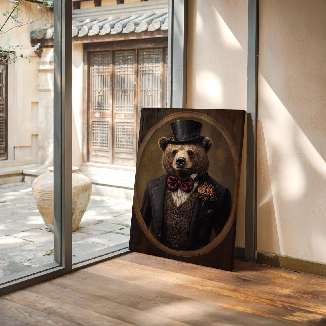 Dapper Bear Top Hat Burgundy Bow Tie Paisley Waistcoat Portrait Poster - Image 4