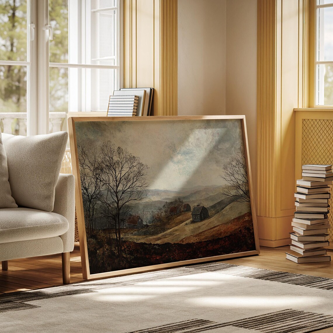 Vintage Countryside Farmhouses on Rolling Hills Painting Poster - Image 5