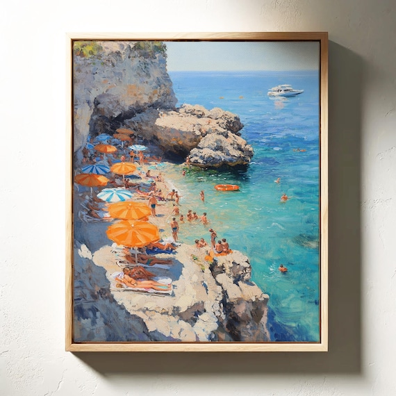 Mediterranean Cliffside Beach Colorful Umbrellas Coastal Summer Scene Poster