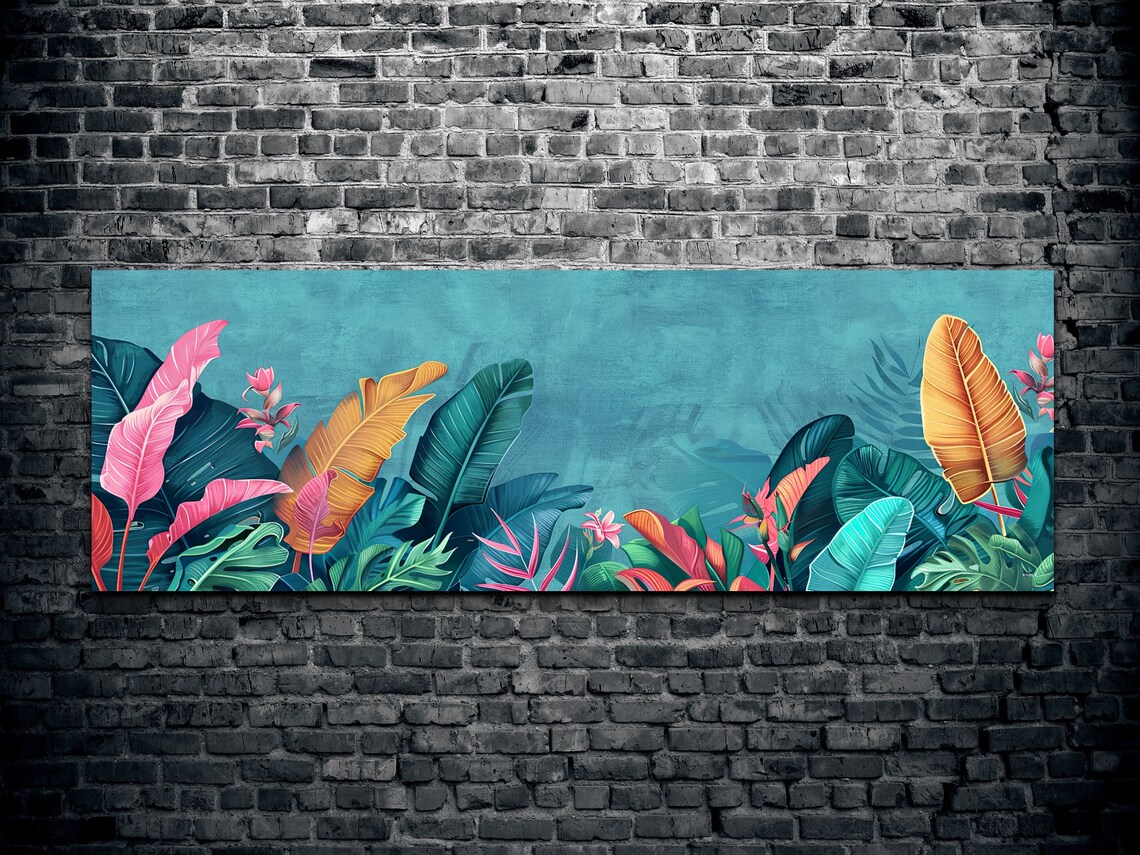 Colorful Tropical Leaves in Pink and Teal Panoramic Wall Art - Image 2