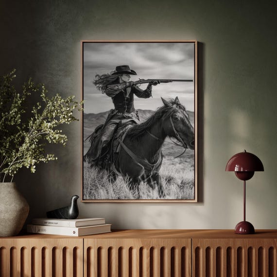 Cowgirl Rifle Rider Black And White Western Wall Art