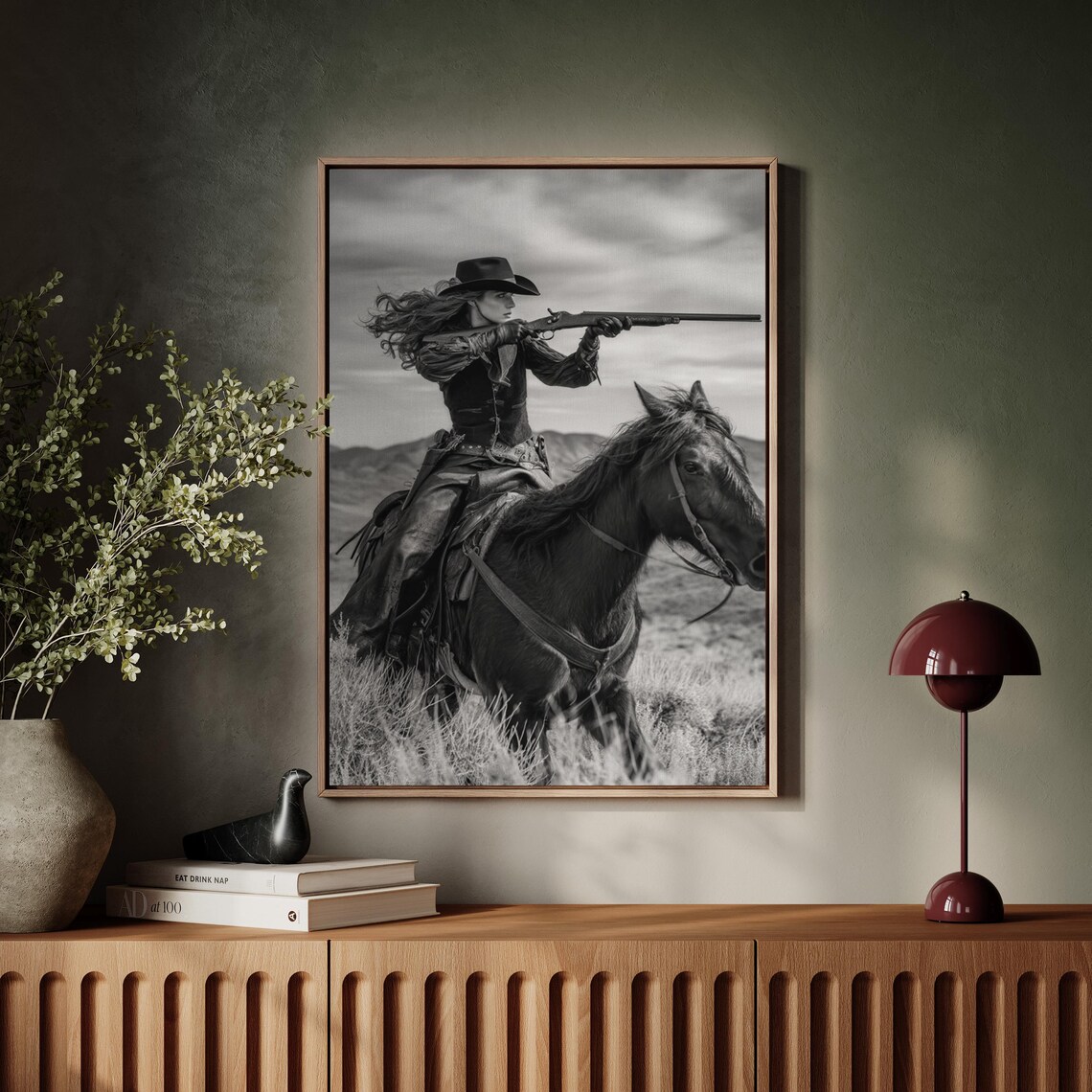 Cowgirl Rifle Rider on Horseback Black and White Western Poster