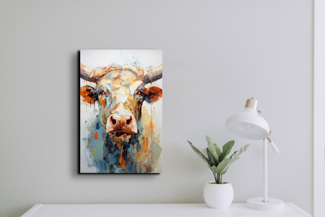 Longhorn Steer Portrait In Expressive Orange And Teal Oil Poster - Image 5