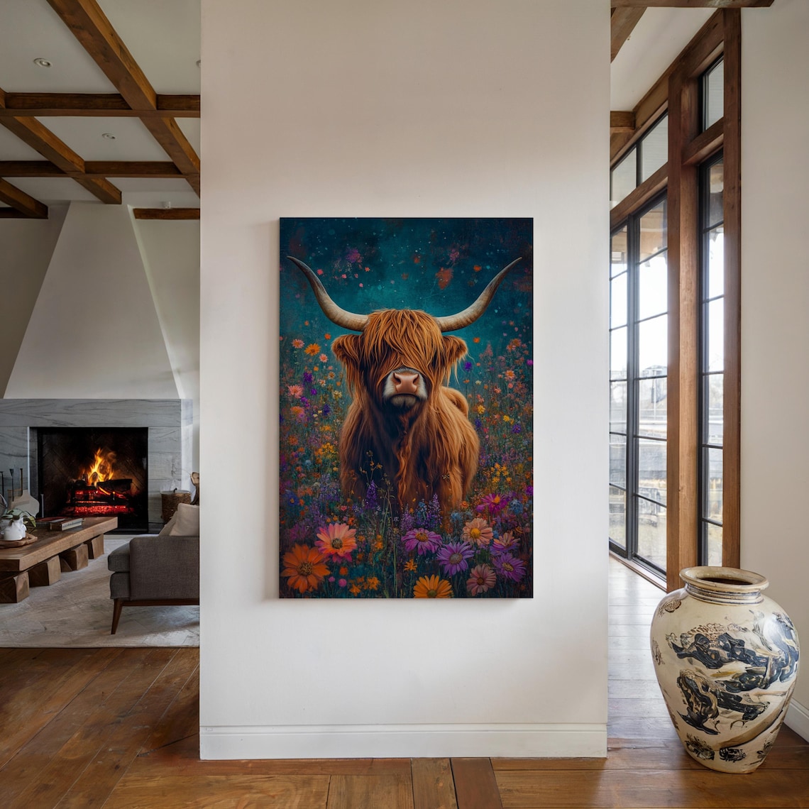 Highland Cow in Wildflower Meadow, Rustic Farmhouse Art Print - Image 4