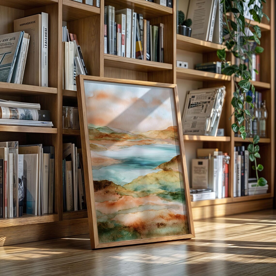 Abstract Watercolor Desert Lake Teal Orange Landscape Art Poster