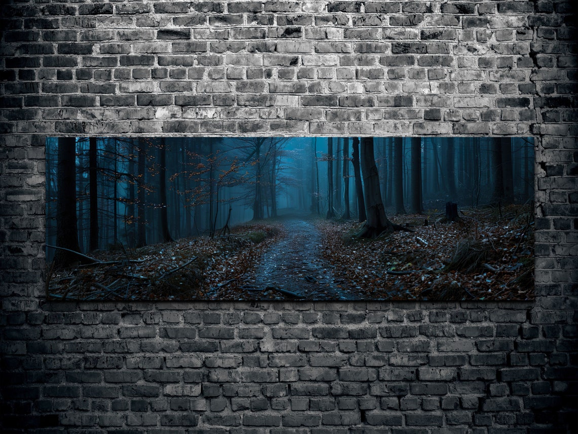 Mysterious Forest Trail Winding Through Dark Blue Trees at Dusk Poster - Image 2