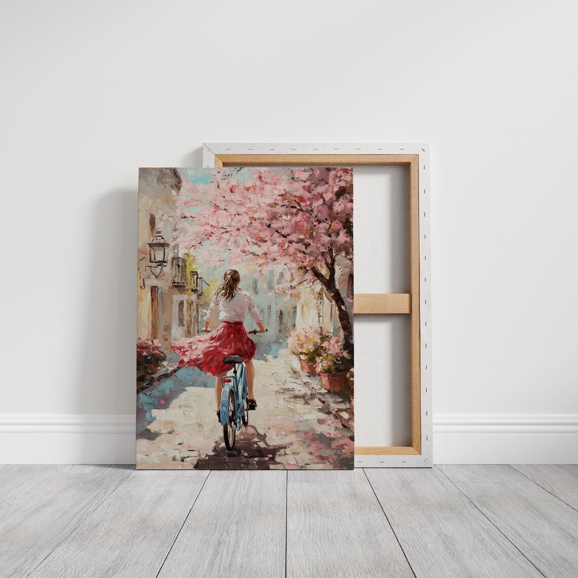 Spring Cherry Blossom Lane Woman Cycling Oil Painting Poster - Image 6