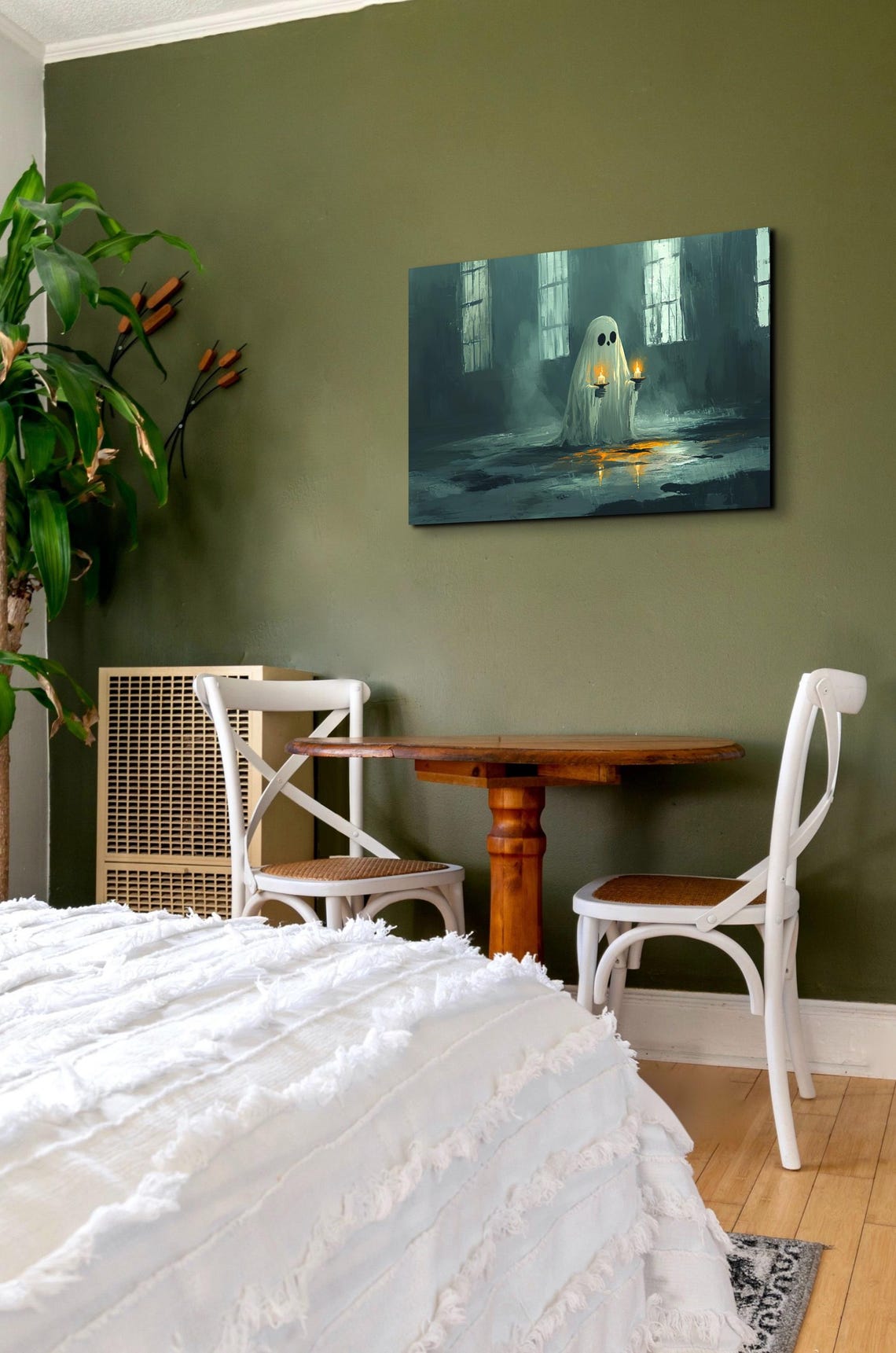 Cute Ghost Holding Two Lit Candles in a Dark Misty Gothic Hall Poster - Image 6