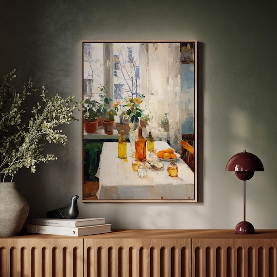 Sunlit Kitchen Table Still Life, Vintage Oil Painting Print