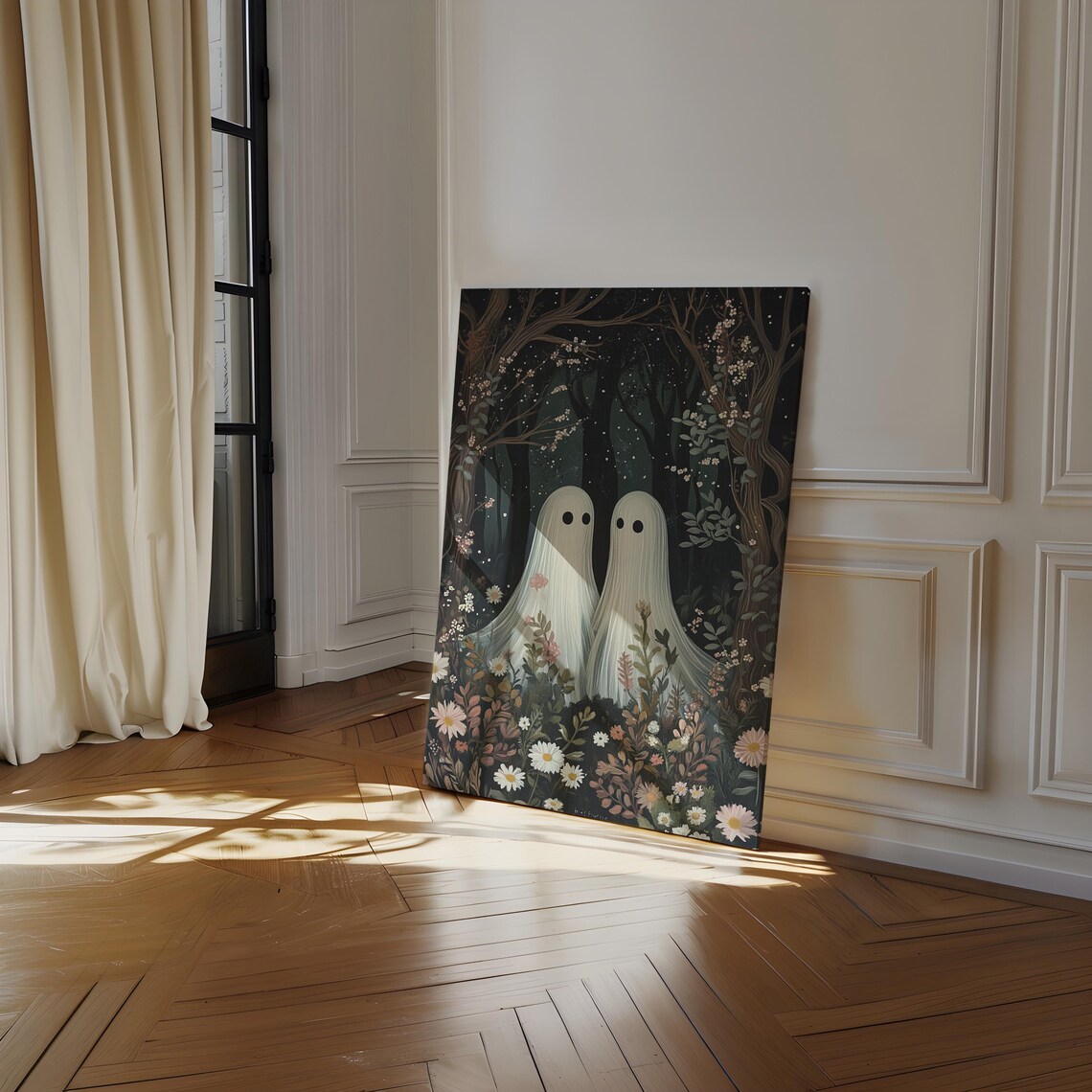 Ghost Couple In Moonlit Floral Night Forest Cute Spooky Halloween Poster - Image 4