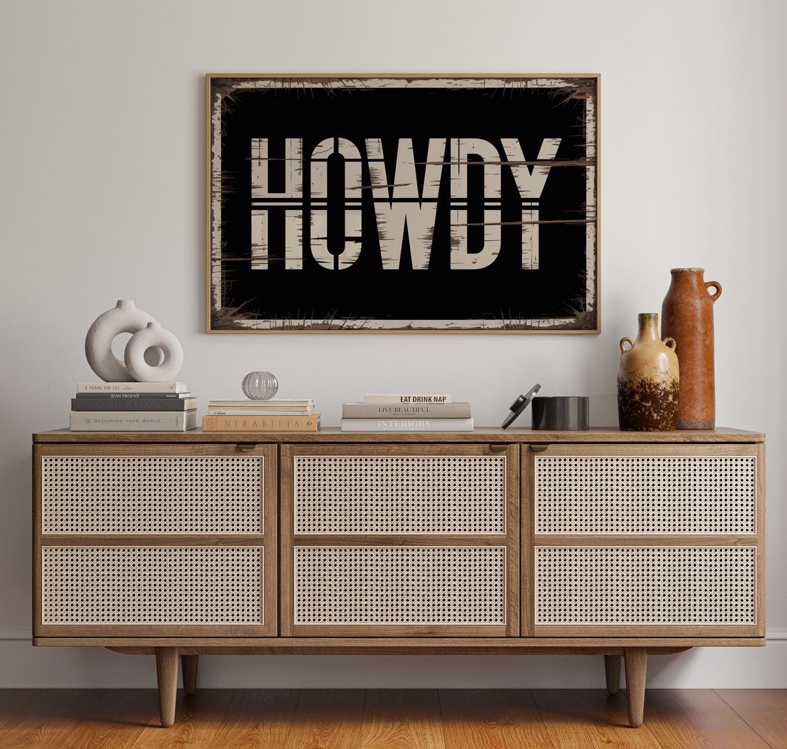 Distressed Rustic Howdy Sign on Black Western Farmhouse Wall Poster