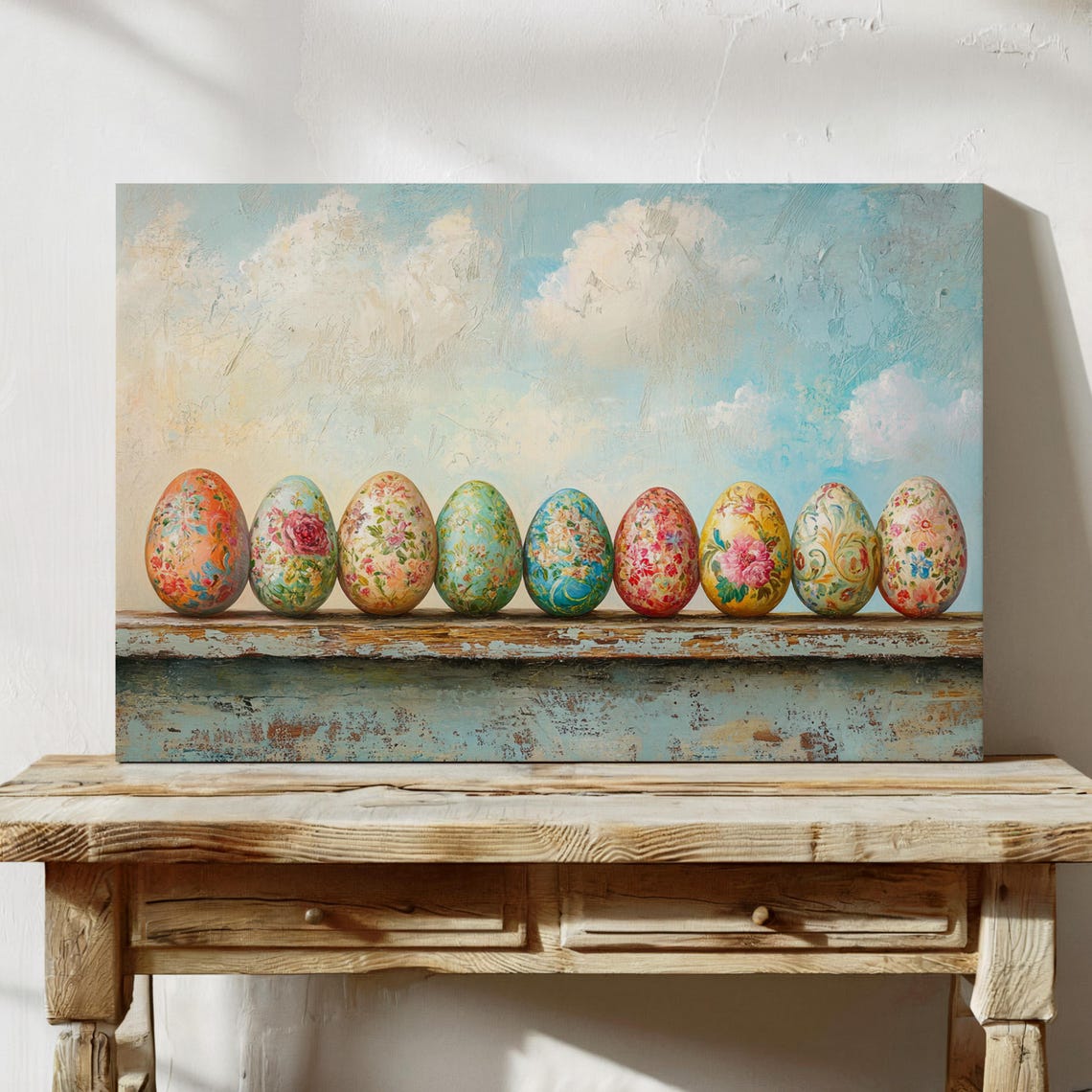 Nine Hand Painted Floral Easter Eggs on Rustic Wooden Shelf Poster - Image 5
