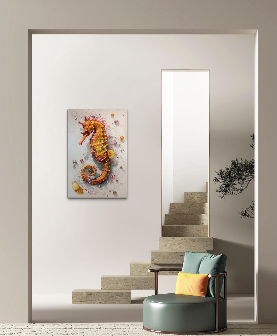 Golden Orange Seahorse Bubbles Watercolor Marine Life Art Poster - Image 5