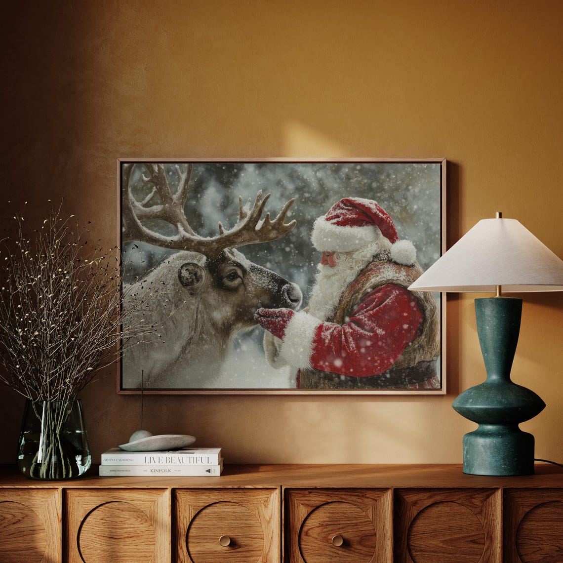 Santa Claus Feeding His Reindeer Nose To Nose In Falling Snow Poster - Image 3