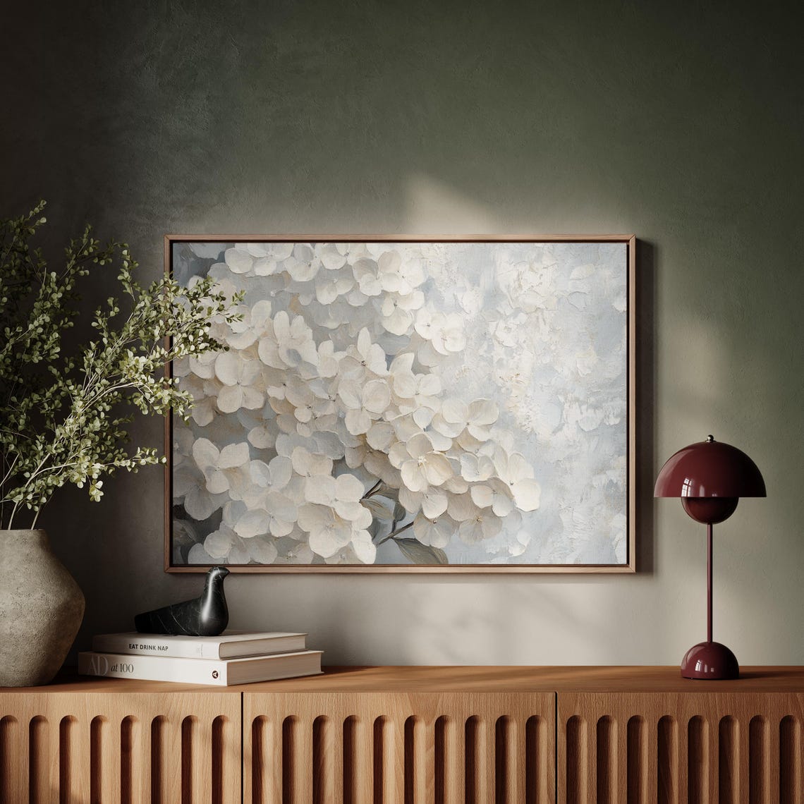 Elegant White Hydrangea Textured Floral Painting on Blue Poster - Image 3
