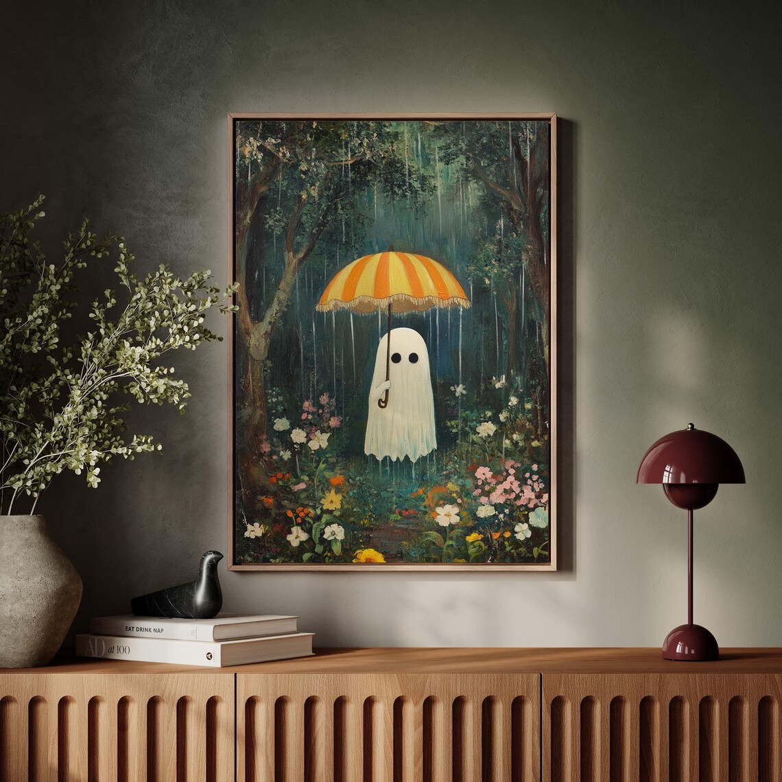 Whimsical Ghost In Rain With Umbrella Vintage Forest Scene Poster - Image 6