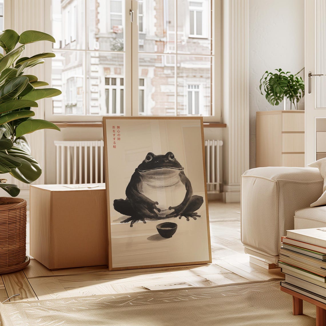 Ink Wash Frog With Tea Cup Japanese Zen Calligraphy Art Poster - Image 3
