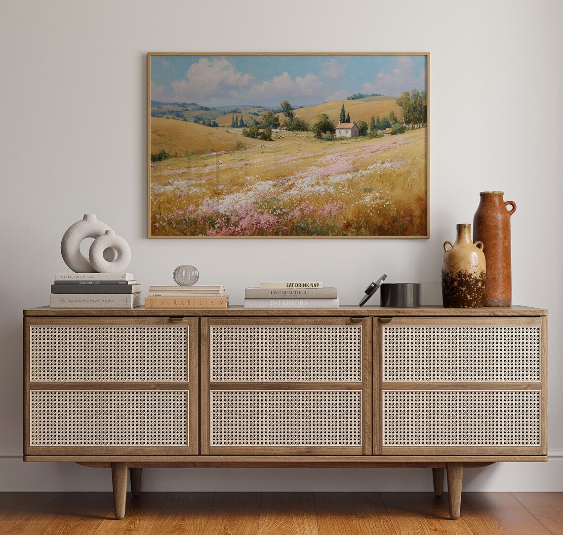 Summer Countryside Farmhouse Wildflower Field Landscape Poster