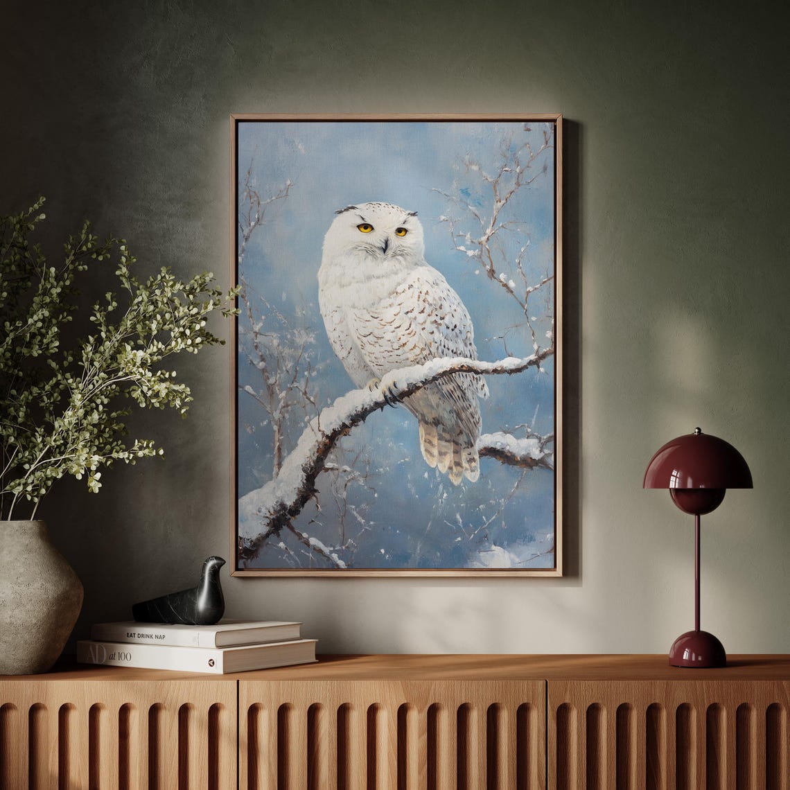 Snowy Owl Resting on Snowy Branch Frosty Blue Winter Art Print - Image 4