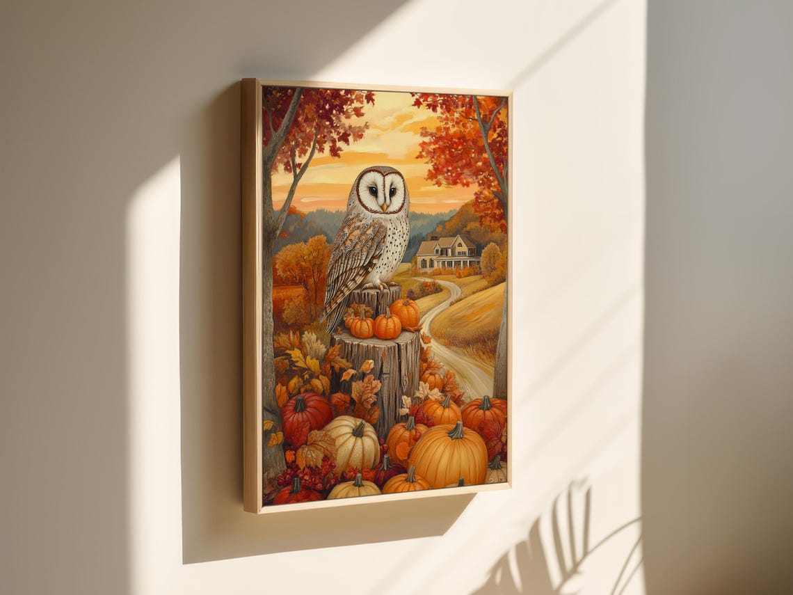 Barn Owl Perched On Stump Among Pumpkins Autumn Farm Scene Wall Art - Image 6