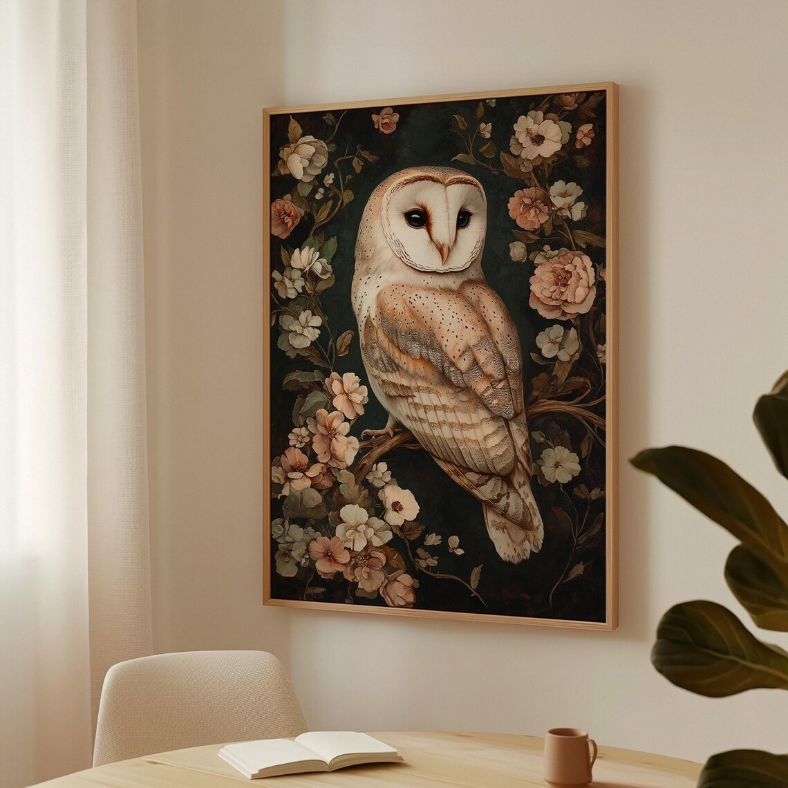 Barn Owl Surrounded by Peach Blossoms Dark Floral Art Poster - Image 4