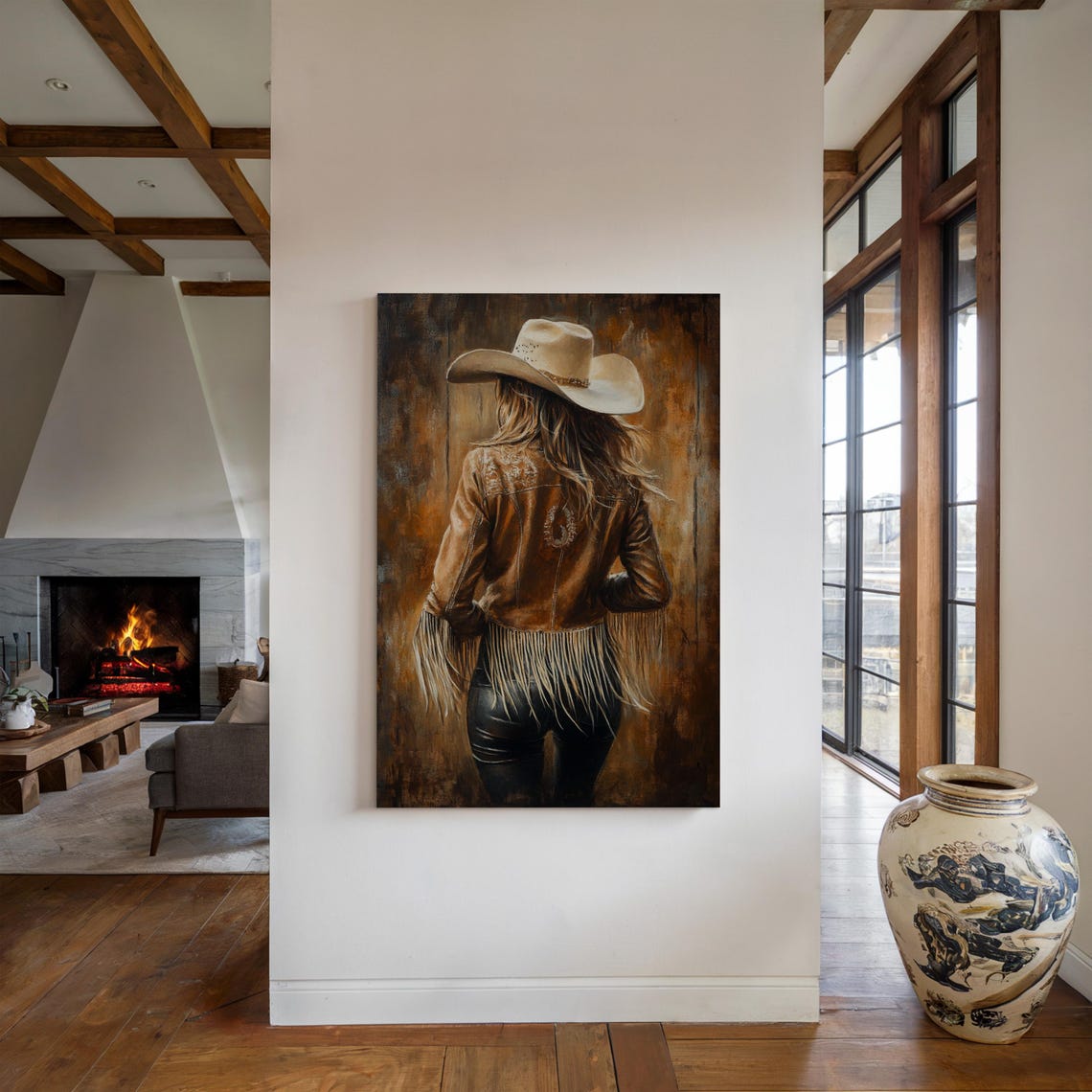 Cowgirl Back View Art Western Leather Fringe Jacket Print Rustic Country Girl Decor Vintage Cowgirl Wall Art - Image 2