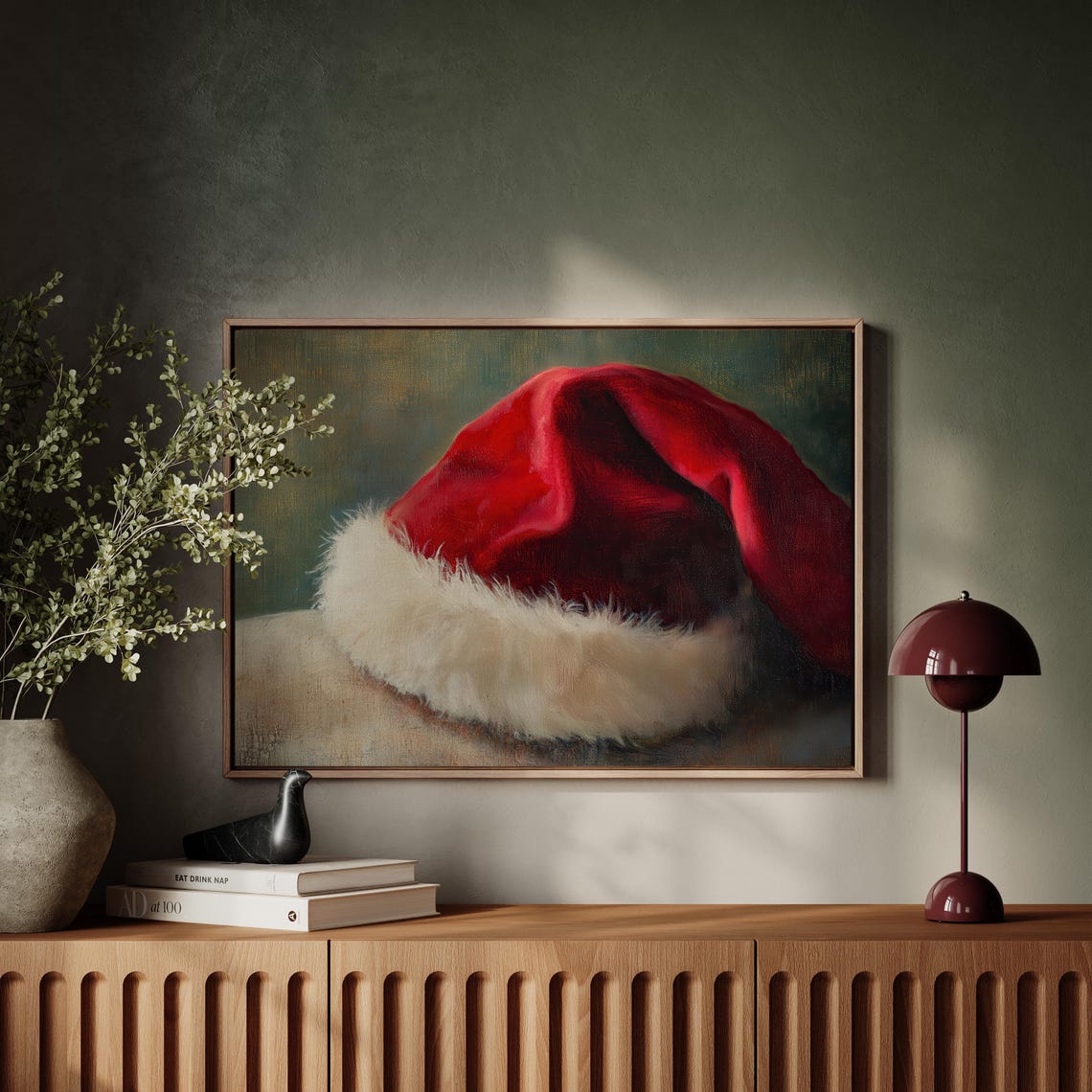 Classic Red Santa Hat With White Fur Trim Vintage Oil Painting Poster - Image 4