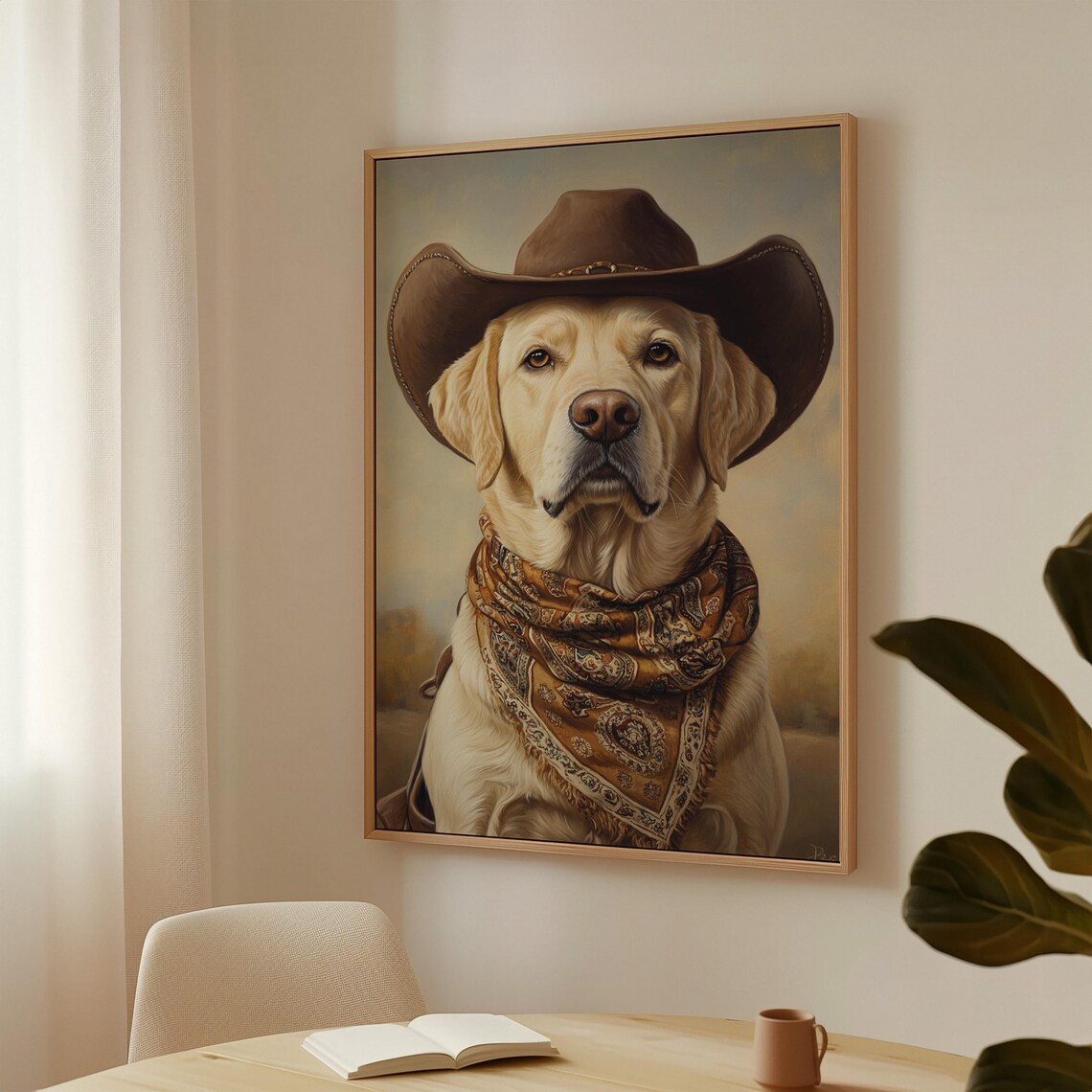 Yellow Labrador Cowboy Hat Paisley Bandana Western Dog Portrait Poster
