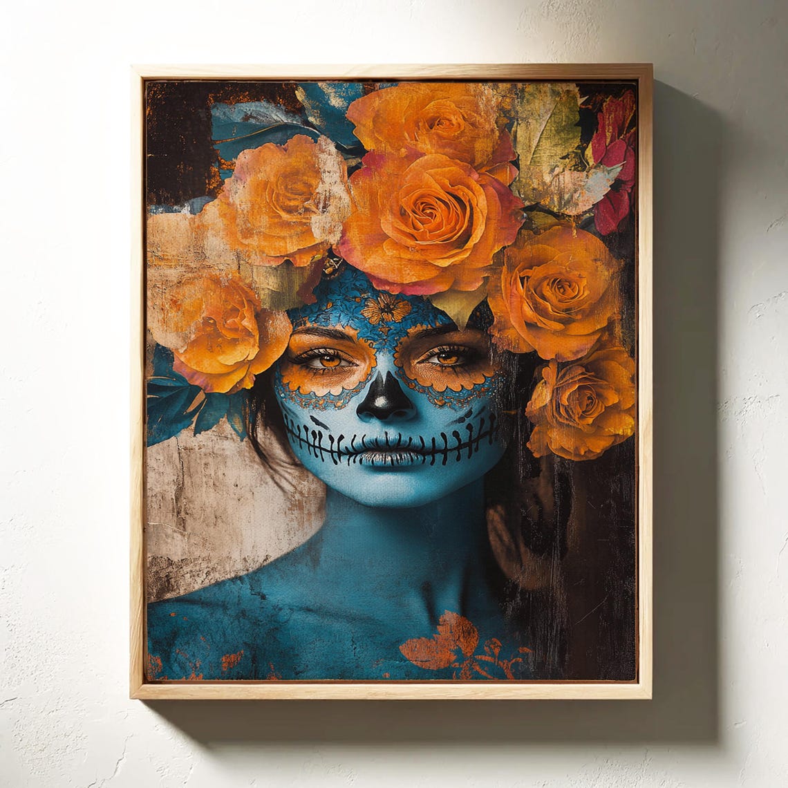 Blue Sugar Skull Orange Roses Dia De Los Muertos Mexican Art Poster - Image 3