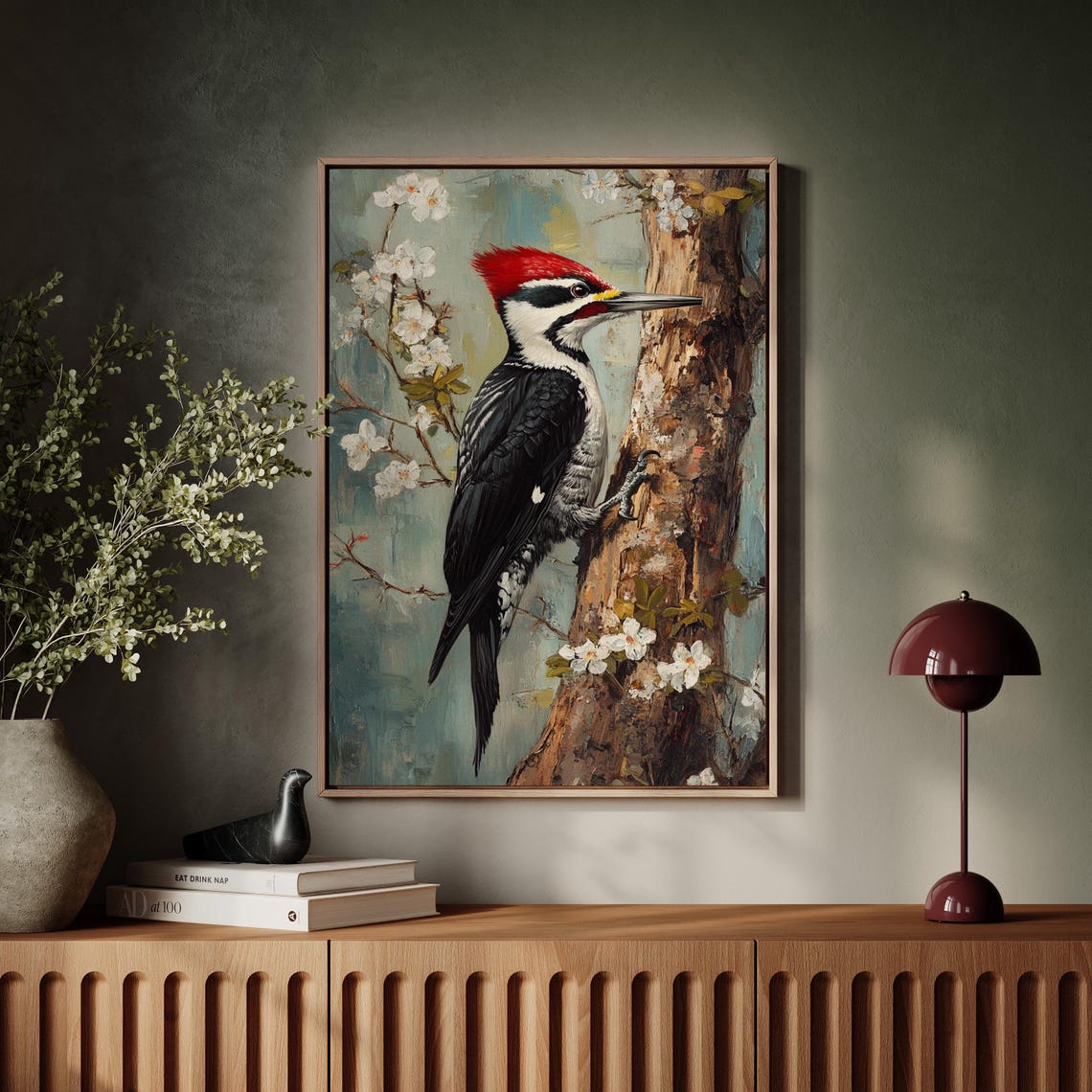 Red Crested Woodpecker On Tree Trunk With Spring Blossoms Poster - Image 7