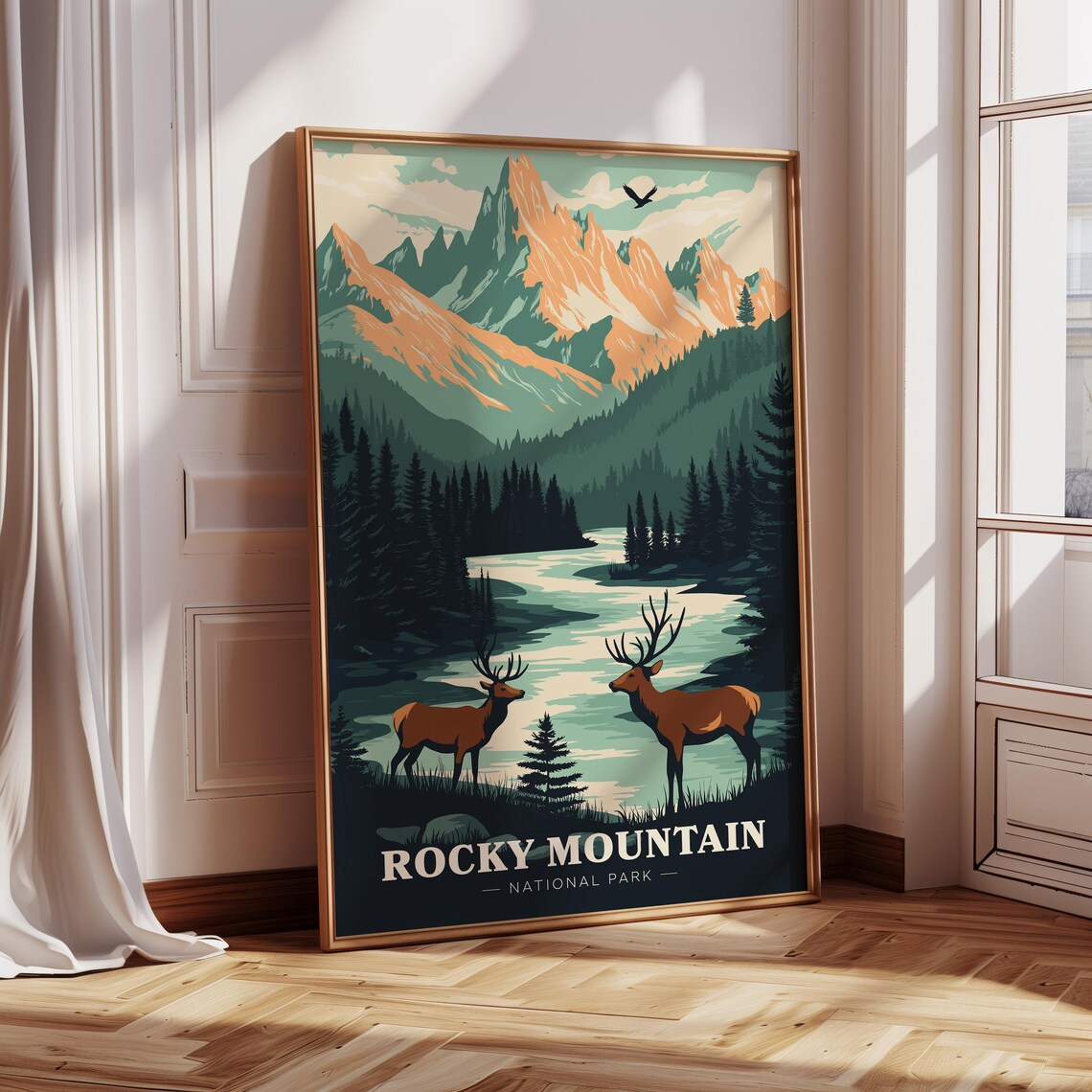 Rocky Mountain National Park Travel Poster With Two Elk By The Lake