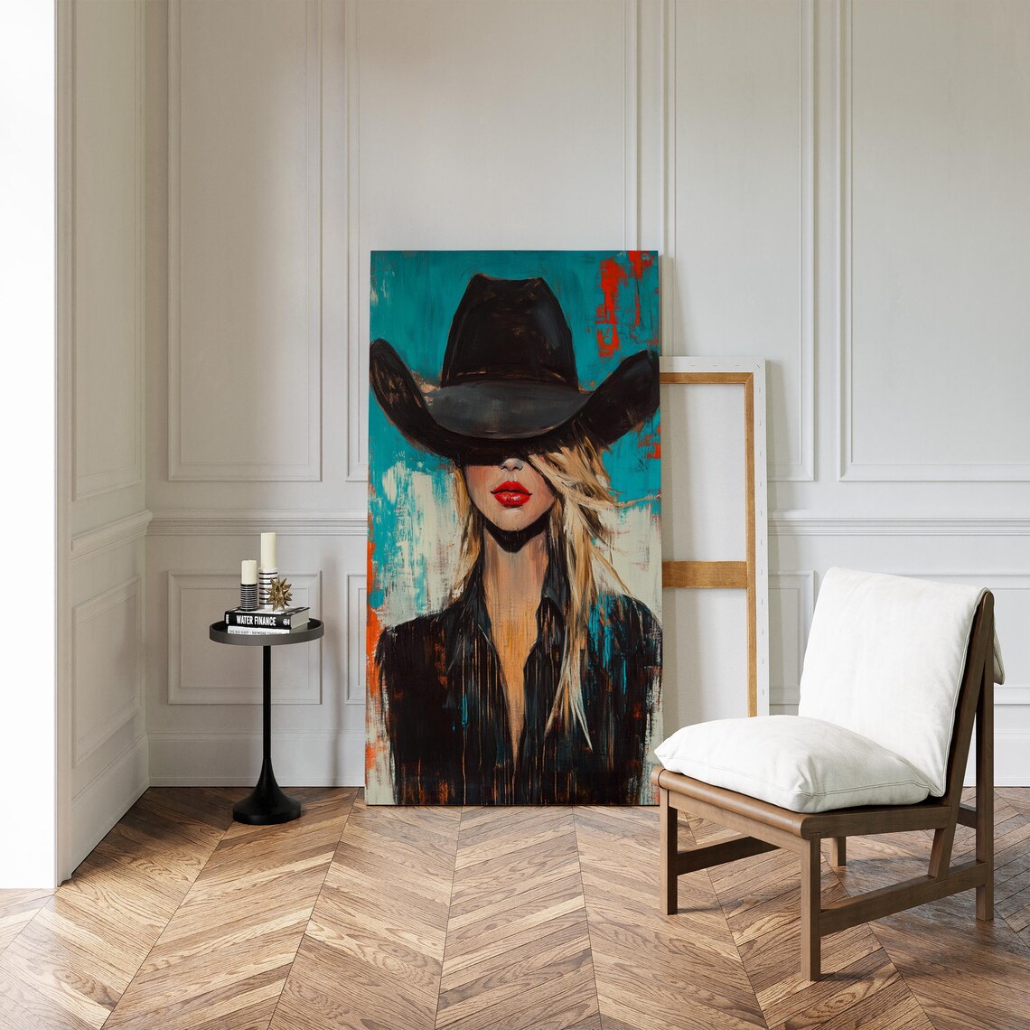 Mysterious Cowgirl in Black Hat Bold Red Lips Modern Western Poster - Image 2