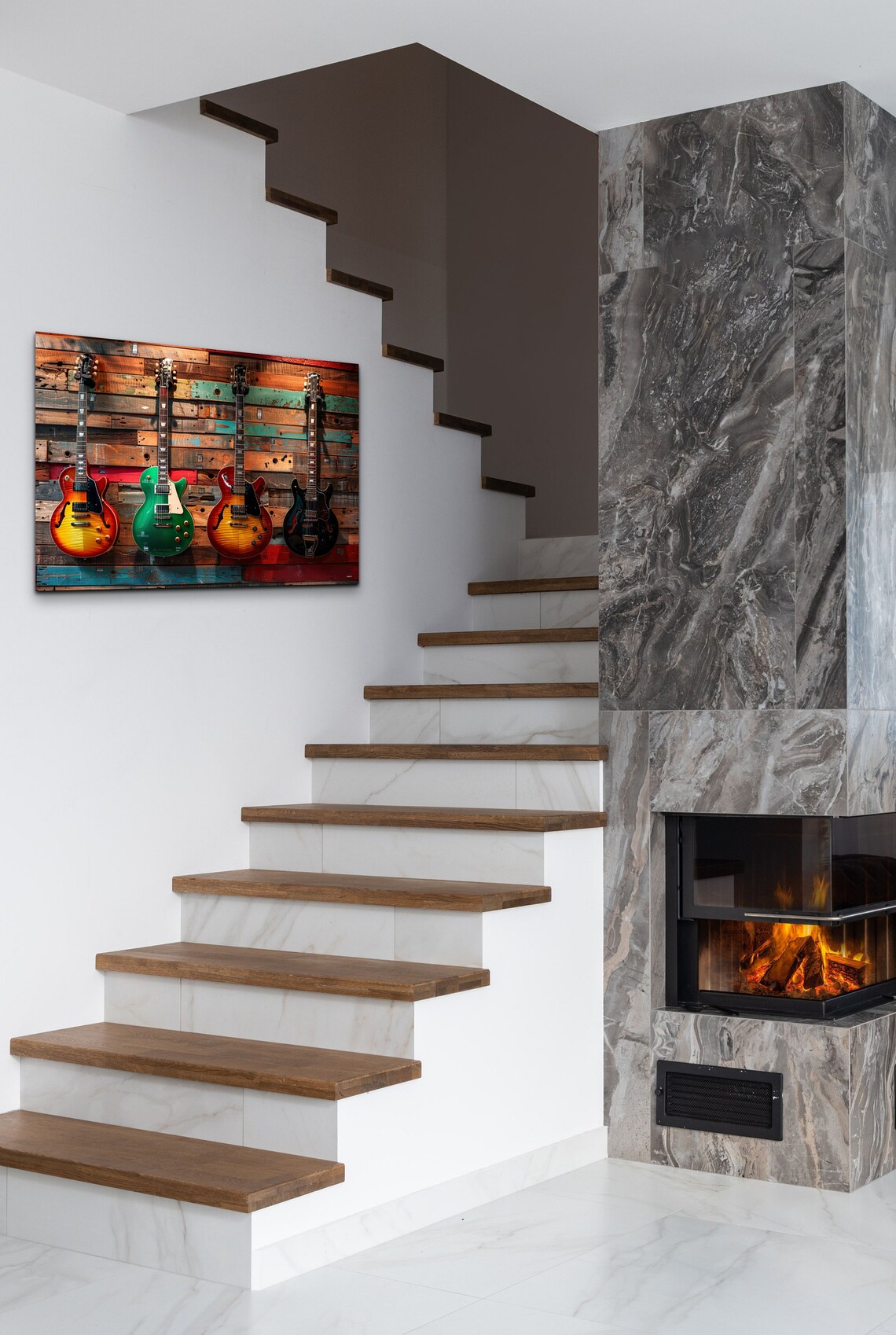Colorful Electric Guitars On Rustic Wood Planks Music Room Wall Art - Image 3