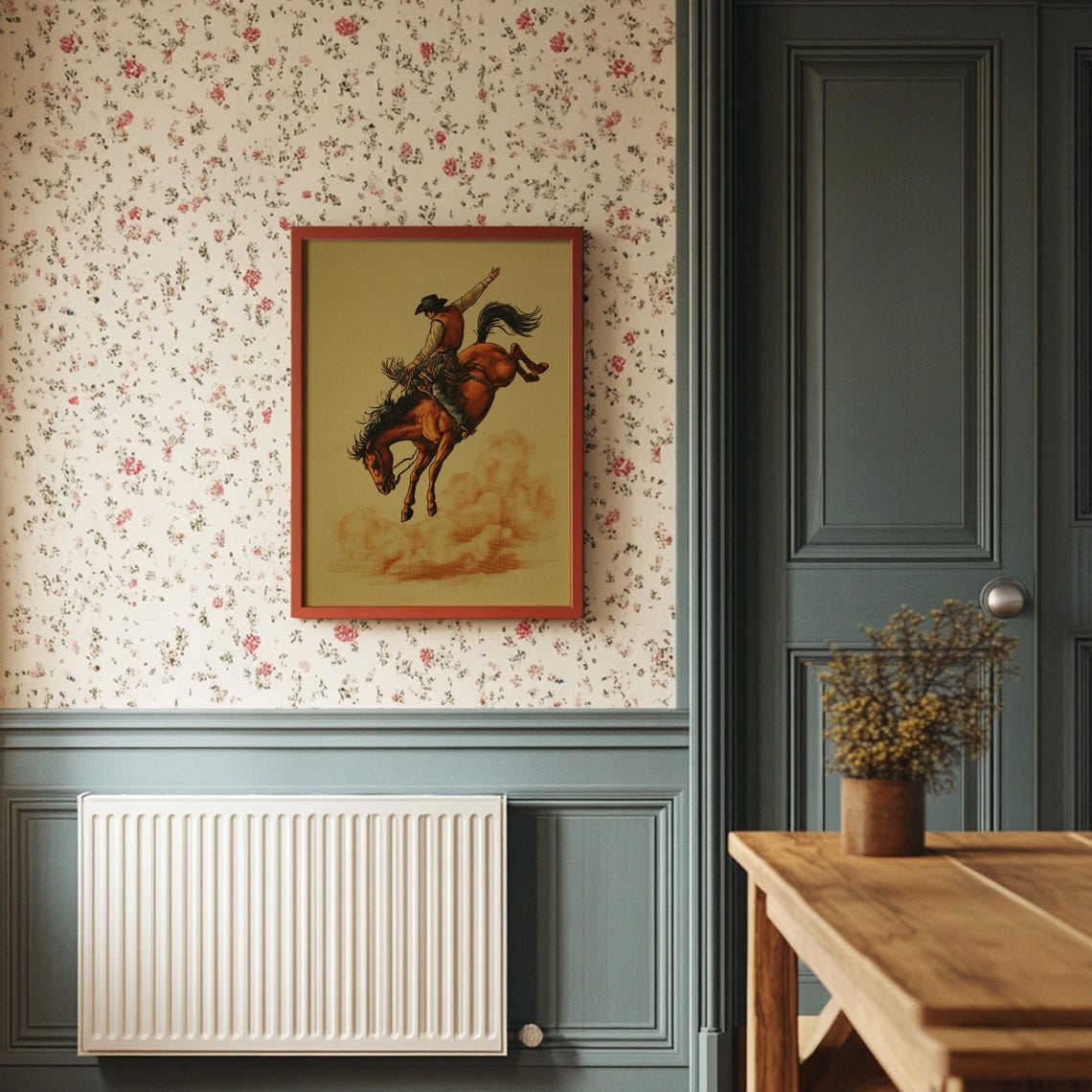Rodeo Cowboy Riding Bucking Bronco Vintage Western Illustration Poster