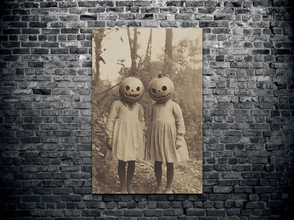Creepy Pumpkin Head Kids Vintage Sepia Halloween Photo Art Poster - Image 2