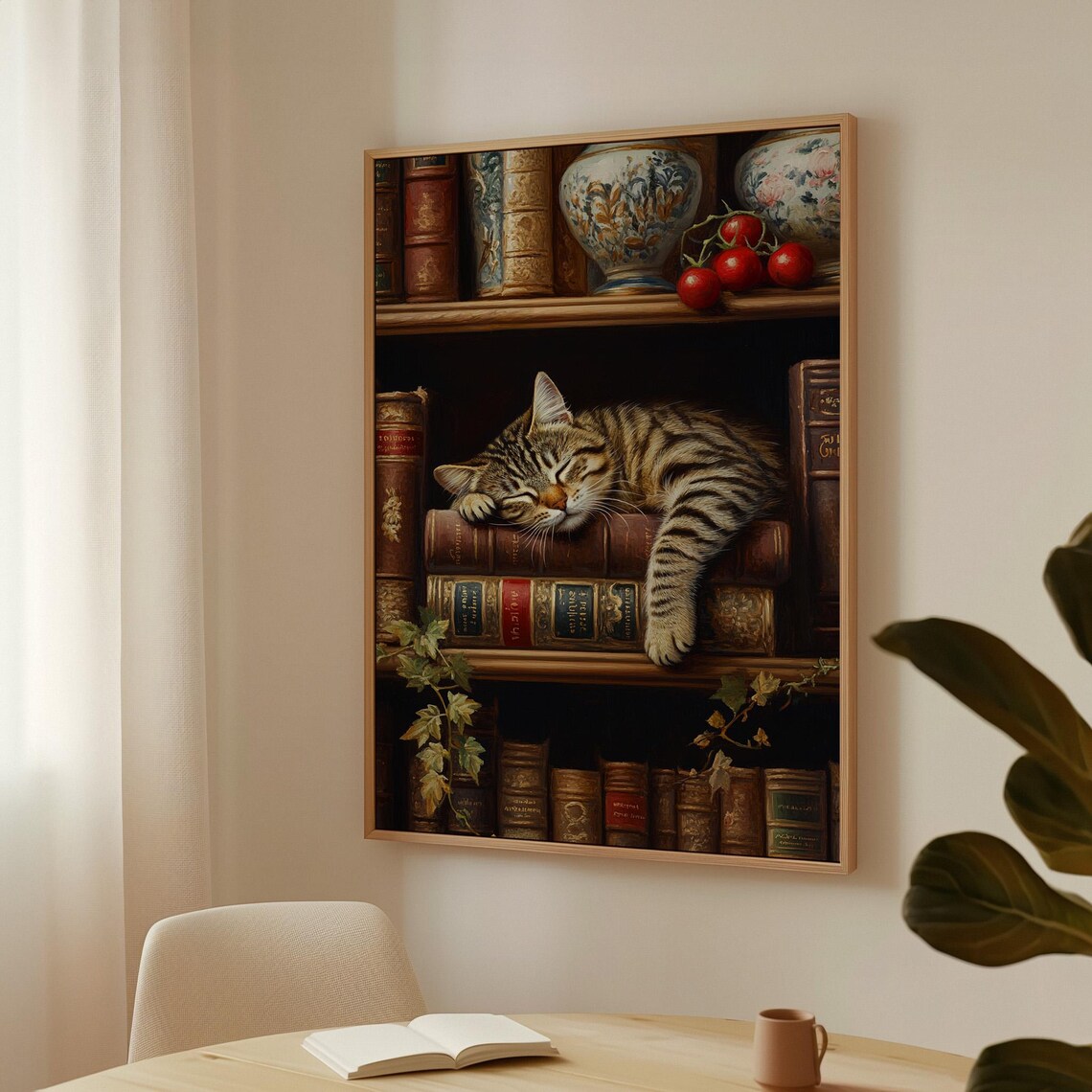 Sleeping Tabby Cat On Bookshelf Vintage Art Print - Image 3
