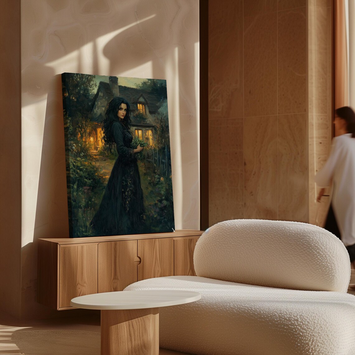 Elegant Woman in Black Gown Outside a Lit Cottage at Night Poster - Image 5