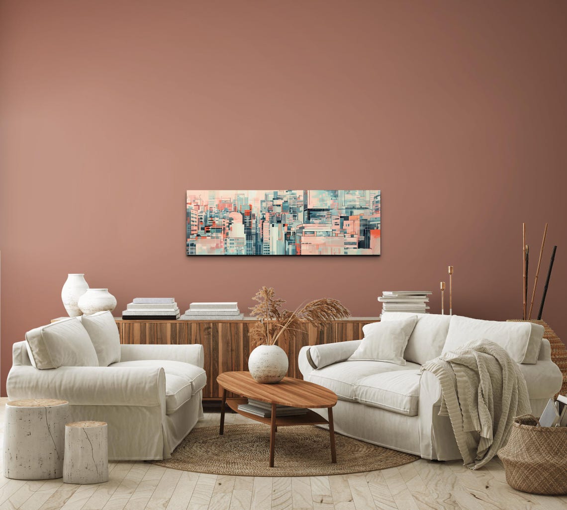 Soft Pink and Mint Abstract Cityscape Geometric Urban Art Poster - Image 5