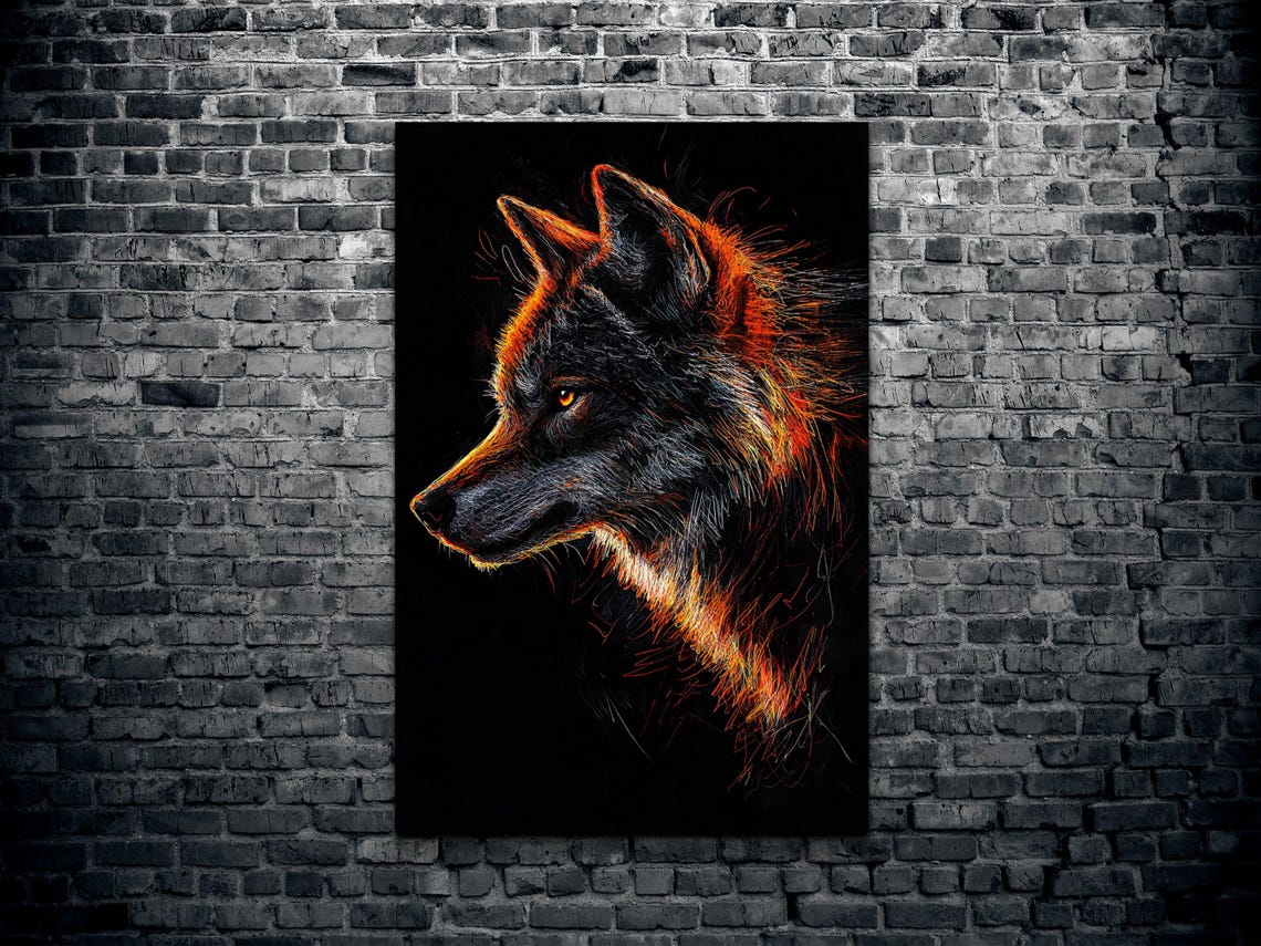 Fiery Orange Wolf Head Line Art on Dark Black Background Poster - Image 2