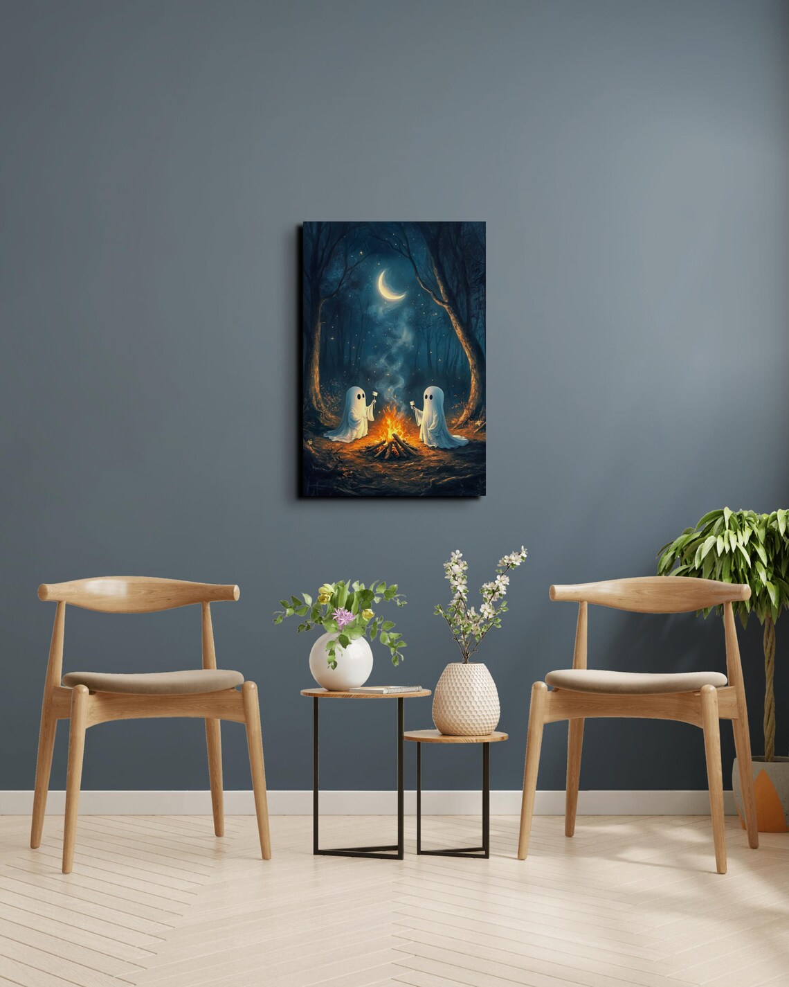 Ghosts Roasting Marshmallows by a Campfire Under a Crescent Moon Poster - Image 6