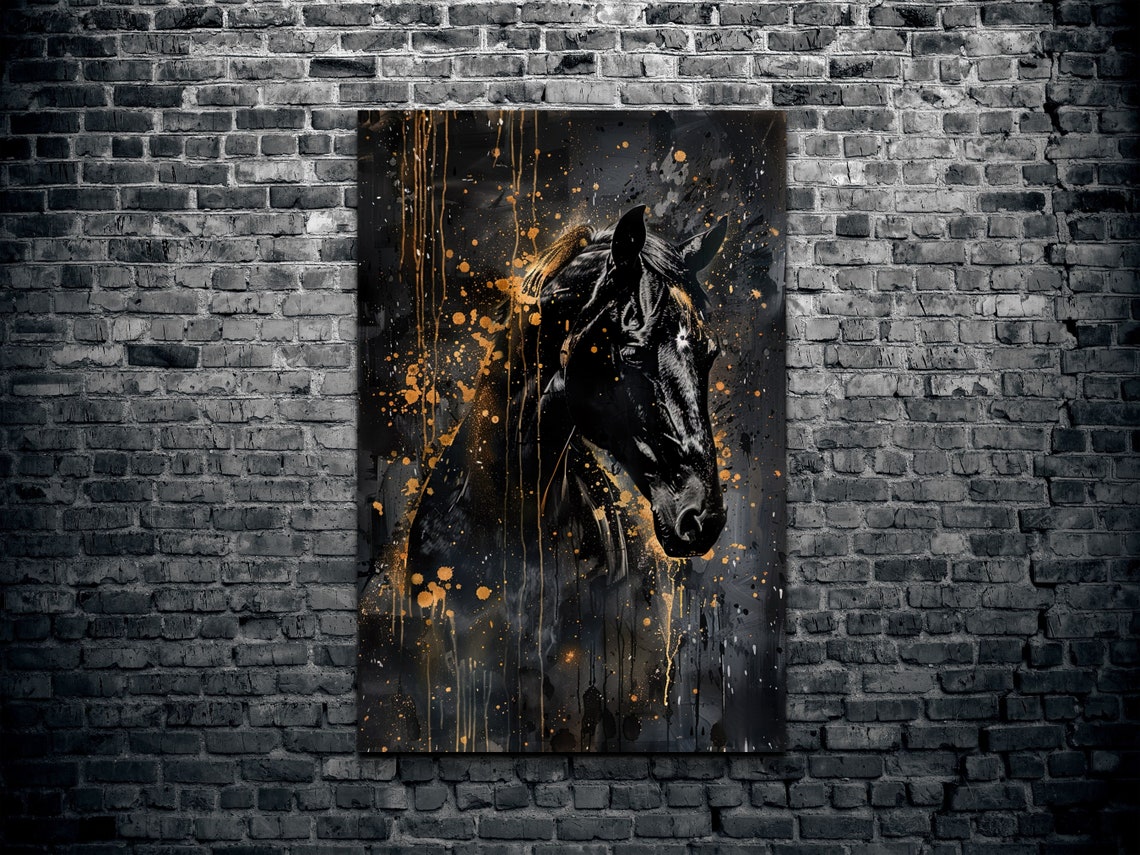 Black Horse Head With Gold Paint Splash Luxury Equestrian Poster - Image 2