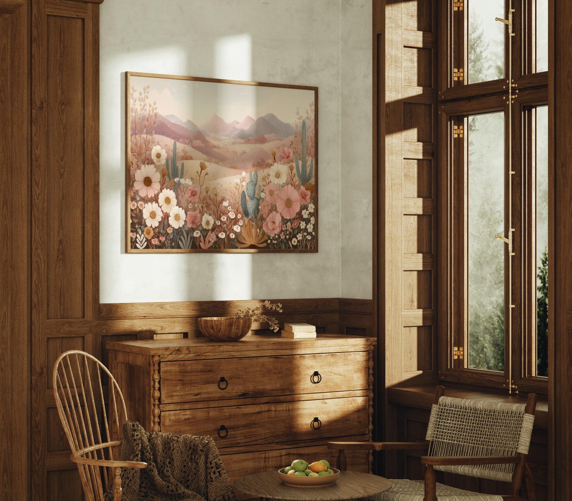 Soft Desert Wildflowers With Cactus And Mountain Landscape Poster