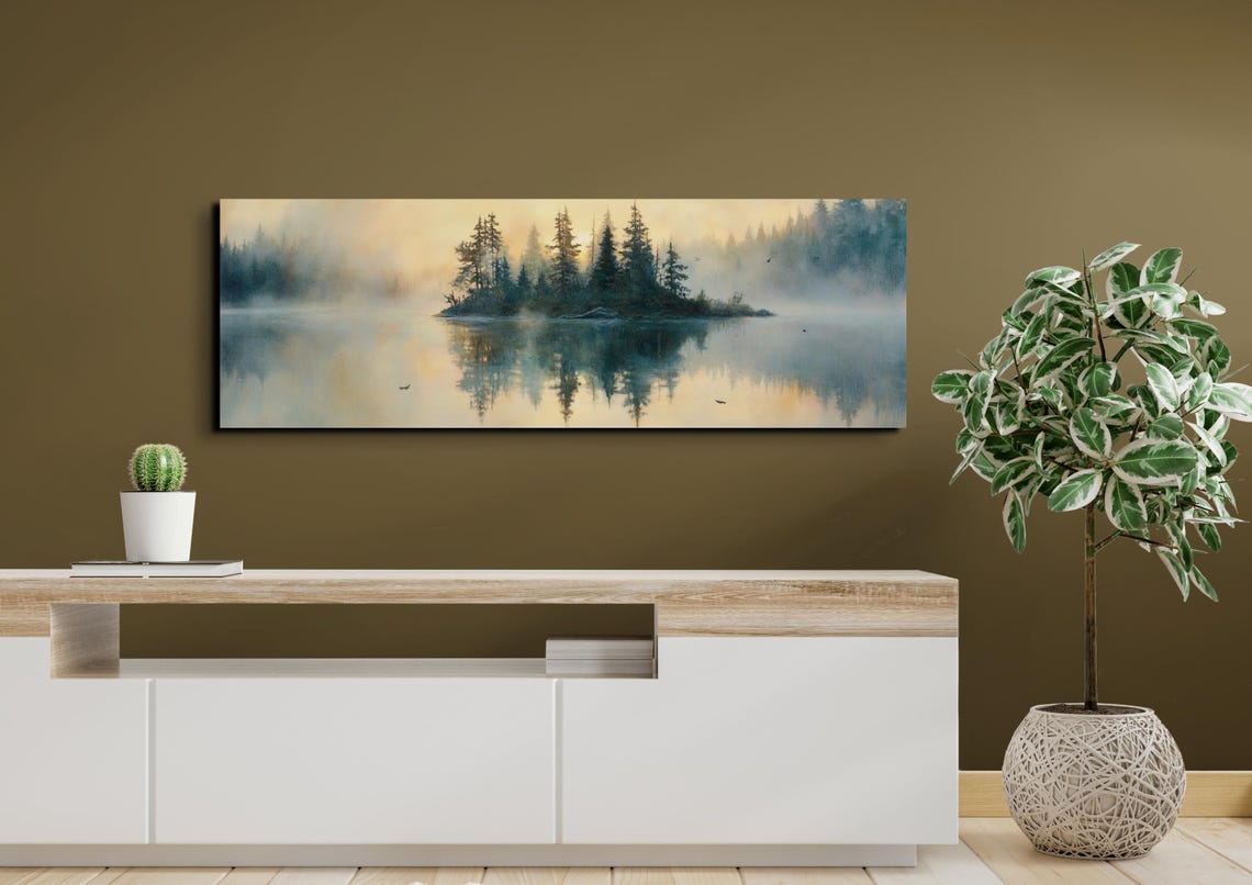 Golden Mist Lake Island Reflection Calm Panoramic Nature Art Poster - Image 3