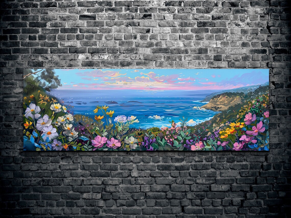 Ocean View From a Flowery Hillside With Crashing Waves Panoramic Poster - Image 2