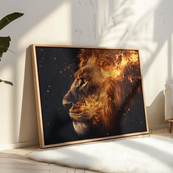 Fiery Lion Wall Art Majestic Animal Print Burning Mane Wildlife Decor Bold Safari King Fierce Jungle Spirit Artwork