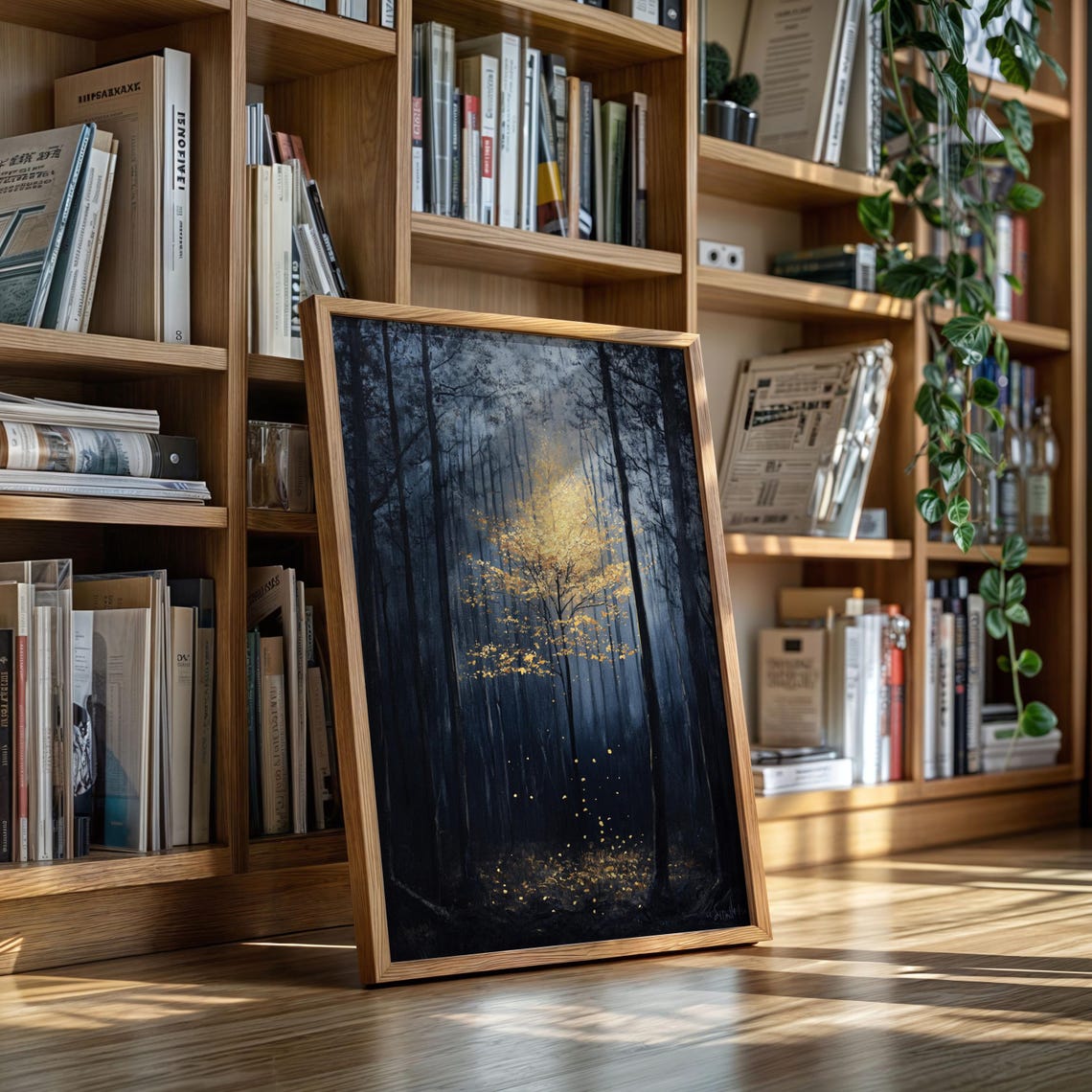 Glowing Golden Tree Dark Mystical Forest Fog Magical Night Poster