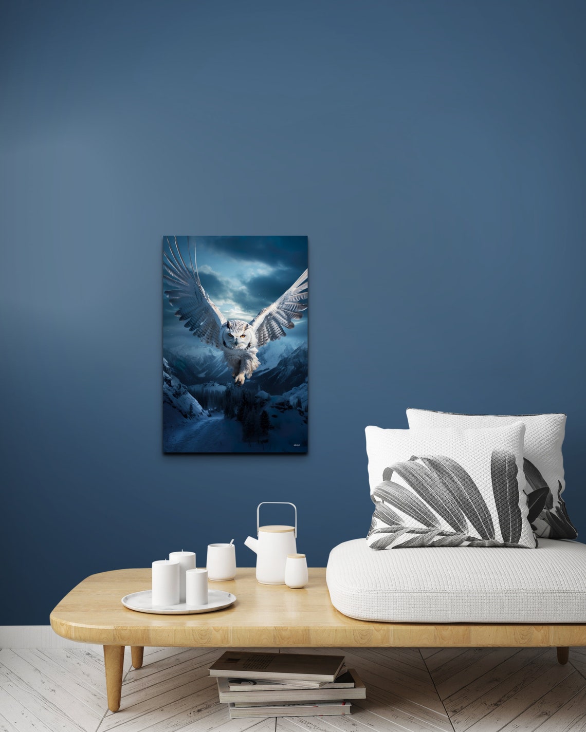Snowy Owl Soaring Over Moonlit Mountains in the Night Sky Poster - Image 6