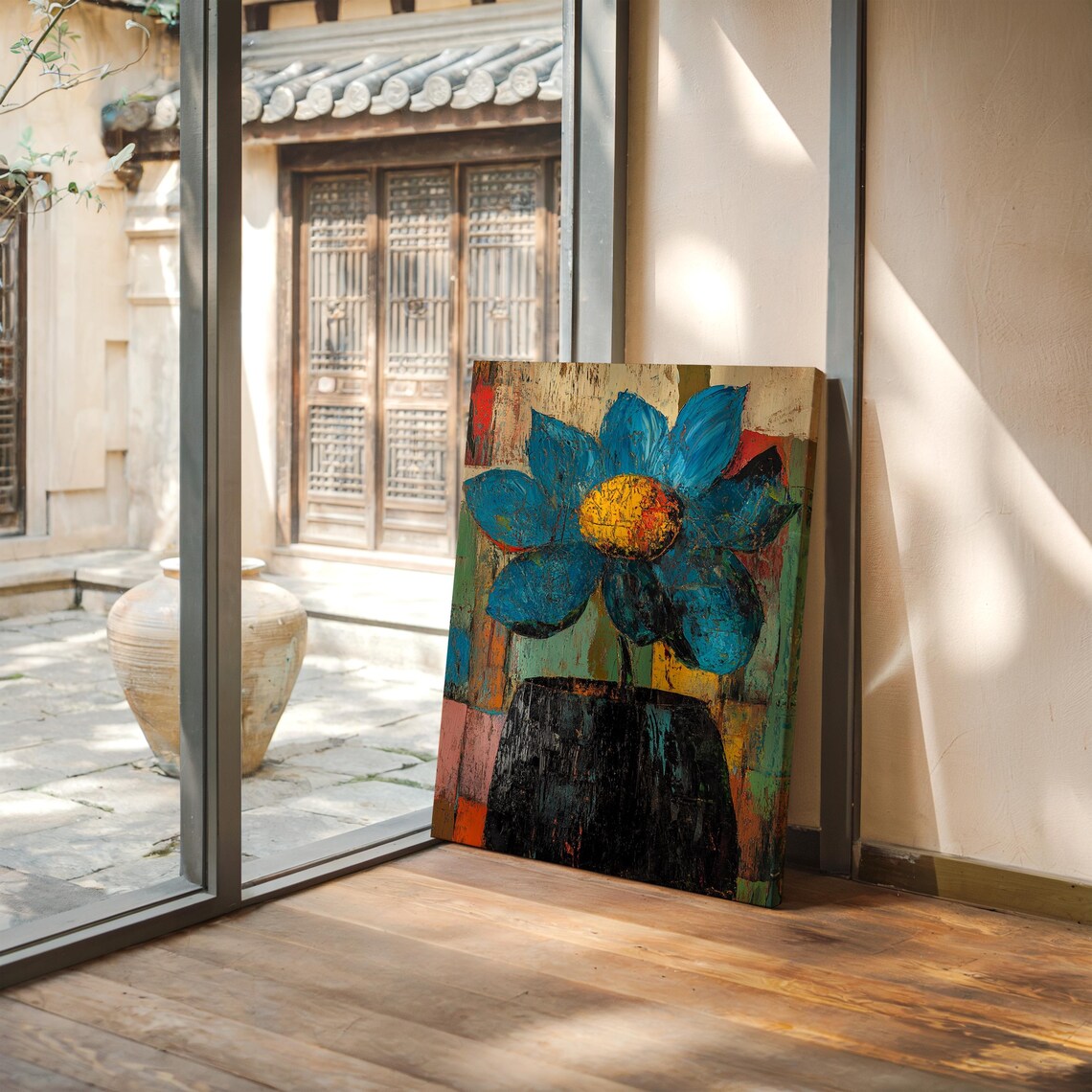 Blue Flower Yellow Center Textured Abstract Floral Painting Poster