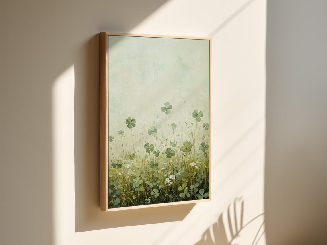Minimalist Clover Meadow Under Pale Sky Soft Green Nature Wall Art - Image 6
